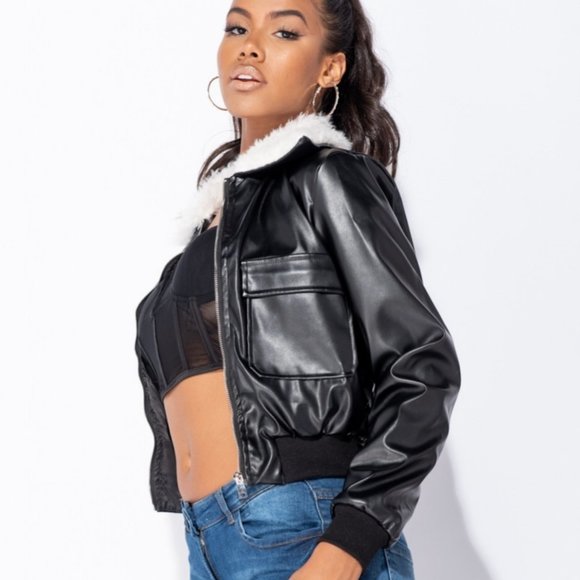 Black Vegan Faux Leather Faux Fur Collar Long Sleeve Bomber Jacket - Picture 2 of 8